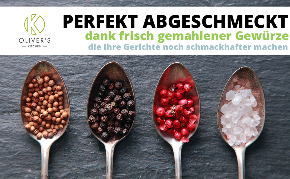 Набір з 2 шт. мельниць для солі та перцю Oliver's Kitchen® - преміум керамічні жорна, велика ємність, регульований ступінь помелу, ручний дозатор