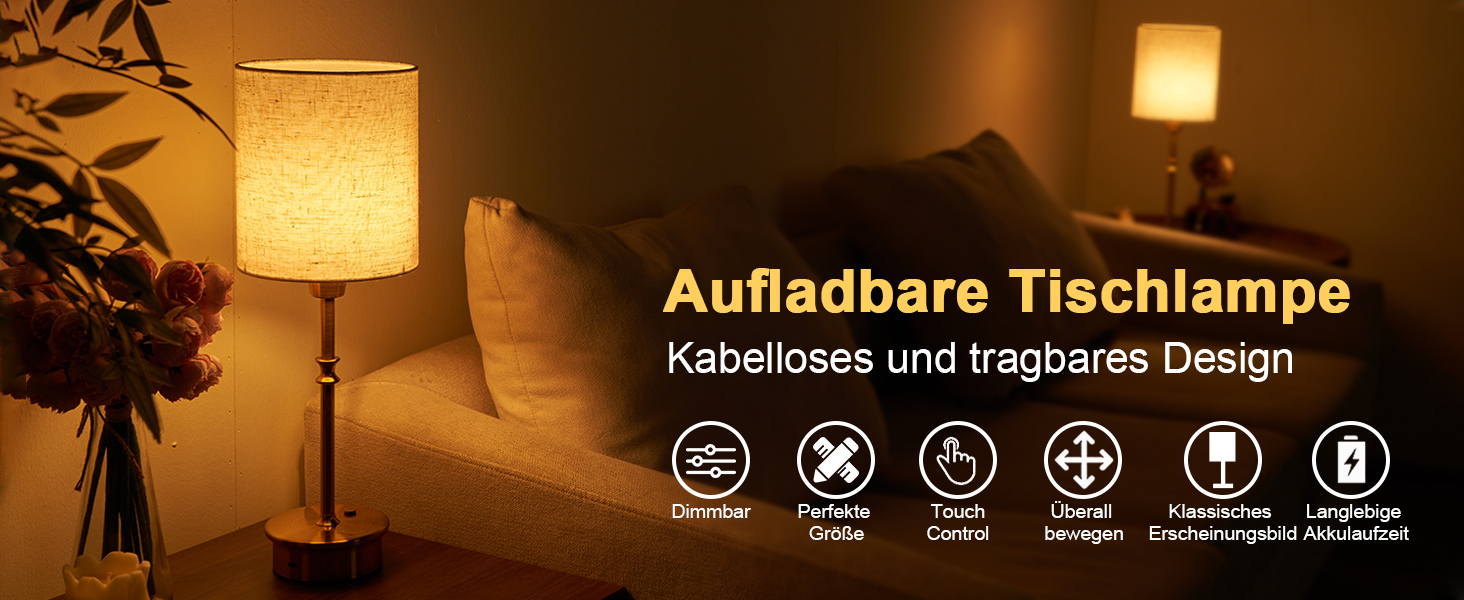 Нічна лампа OCEST на акумуляторі, сенсорне керування, регулювання яскравості, декоративне освітлення для дому, кухні, тераси, обіднього столу. Тканинний абажур кольору античне латунь, висота 41,5 см