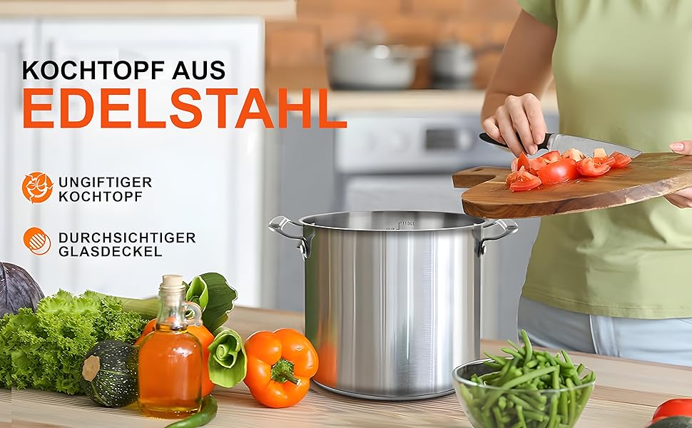 NutriChef Каструля з нержавіючої сталі 8 л 18/8 – Великий суповий та жаровий горщик з кришкою, підходить для індукції, кераміки, галогенових плит, для супів та рагу, харчова сталь, можна мити в посудомийці