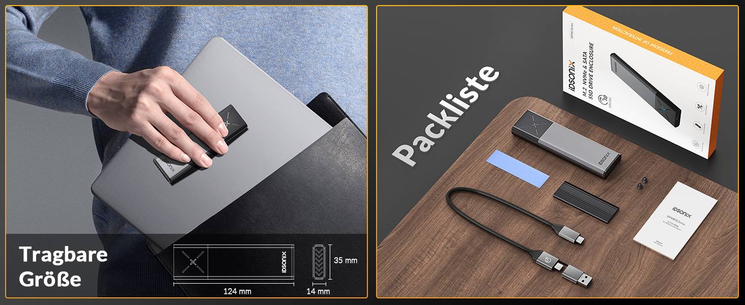 Зовнішній корпус-адаптер iDsonix M.2 NVMe та SATA SSD на USB 3.2 Gen 2 10Gbps, алюмінієвий, без інструментів, підтримка M-Key/B+M Key (2230/2242/2260/2280), сірий