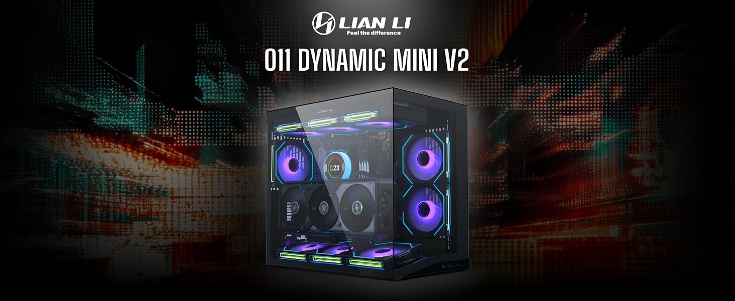 Корпус Lian Li O11 Dynamic Mini V2 Flow: компактний ATX Midi-Tower з двокамерним дизайном, скляною панеллю та модульною конструкцією. 5 вентиляторів встановлено. Чорний колір.