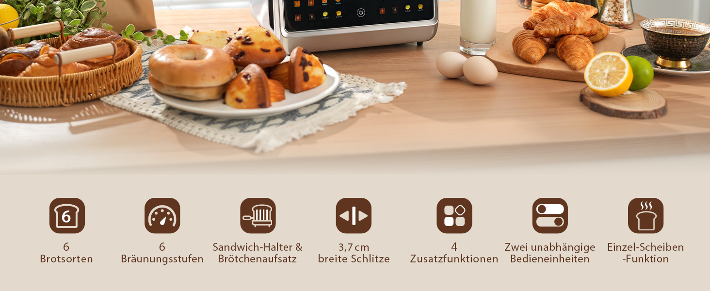 Тостер на 4 шматочки з сенсорним екраном та таймером – нержавіюча сталь, довгі слоти, 2 незалежні зони температури, підставка для бургерів та сендвічів, 6 програм, срібний колір