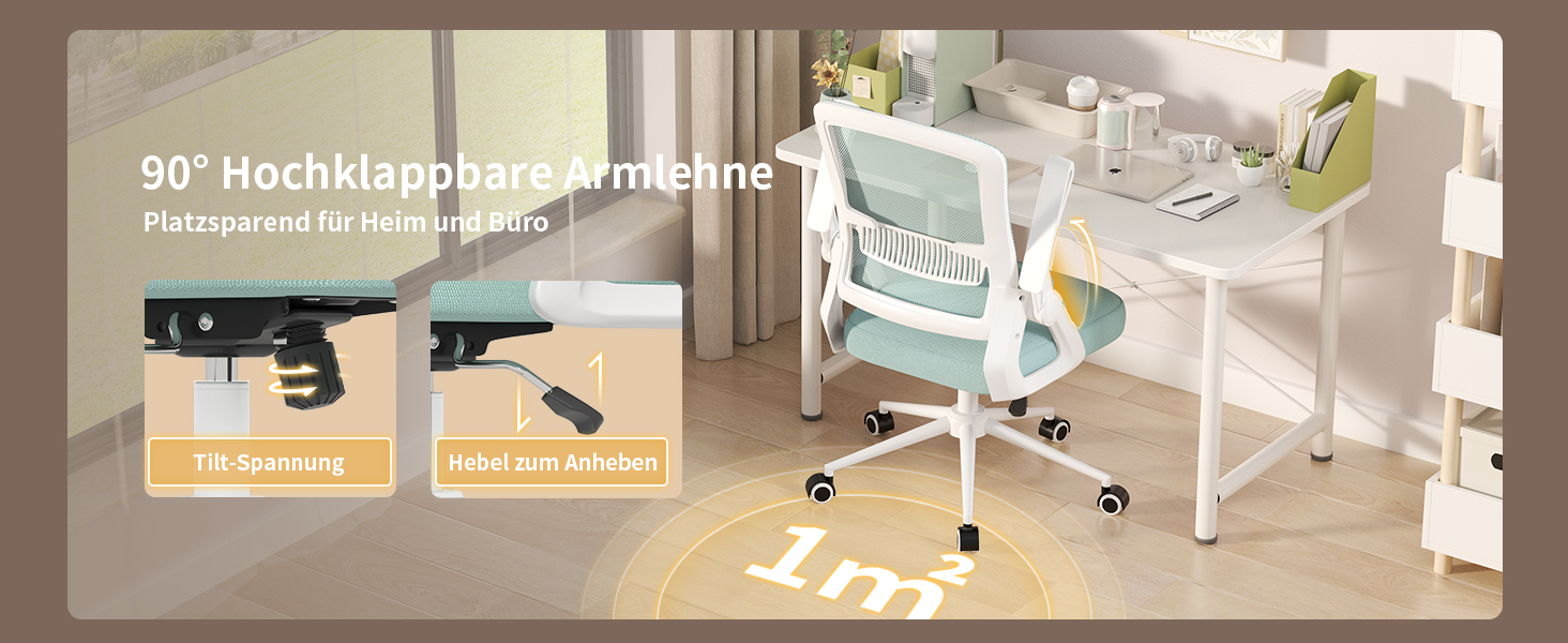 Офісний стіл Naspiro Ergonomischer Bürostuhl, регульований по висоті, з дихаючою спинкою з сітки, відкидні підлокітники на 90° та поперекова підтримка, високощільна піна для дому/офісу (Зелений, без підголівника)