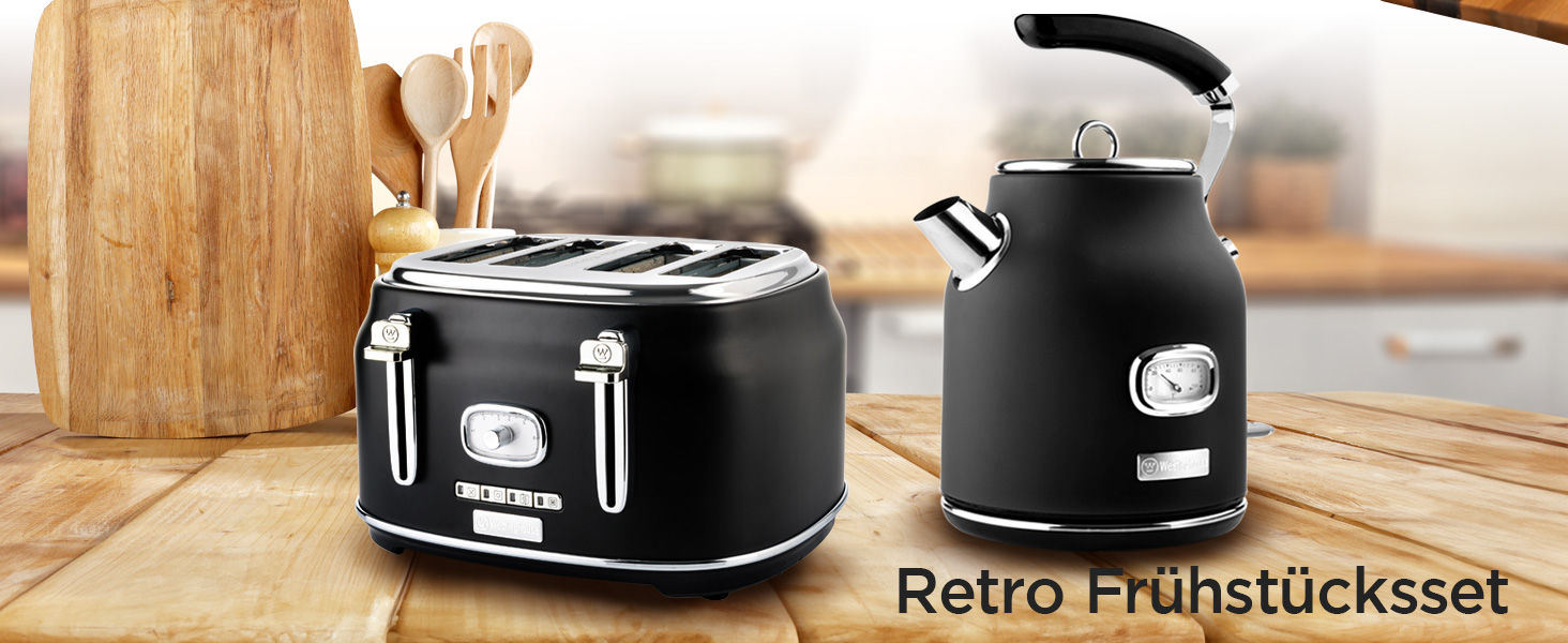 Набір Westinghouse Retroline: тостер та чайник, чорний (1.7 л, фільтр від накипу, захист від перегріву)