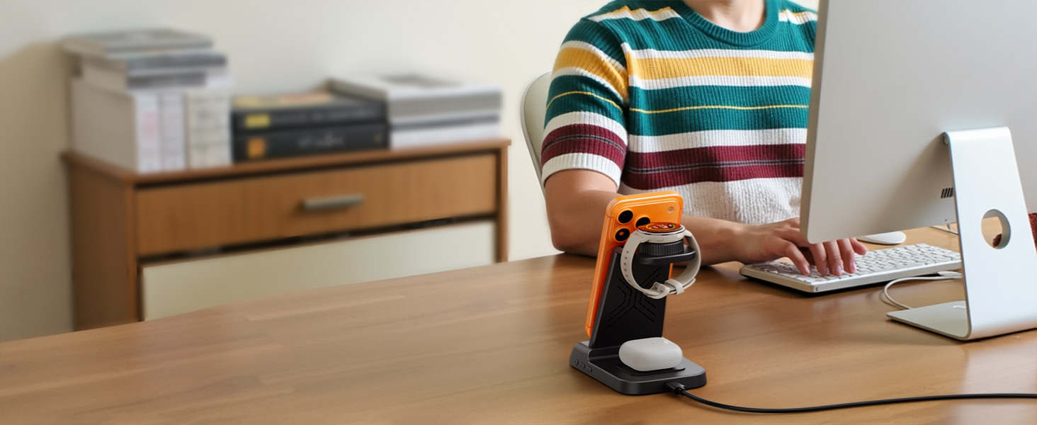 Бездротова зарядна станція 3-в-1 для Garmin Vivoactive/Venu/Forerunner/Instinct/Fenix/Epix 2, Samsung S25/S24, iPhone, AirPods, Galaxy Buds3