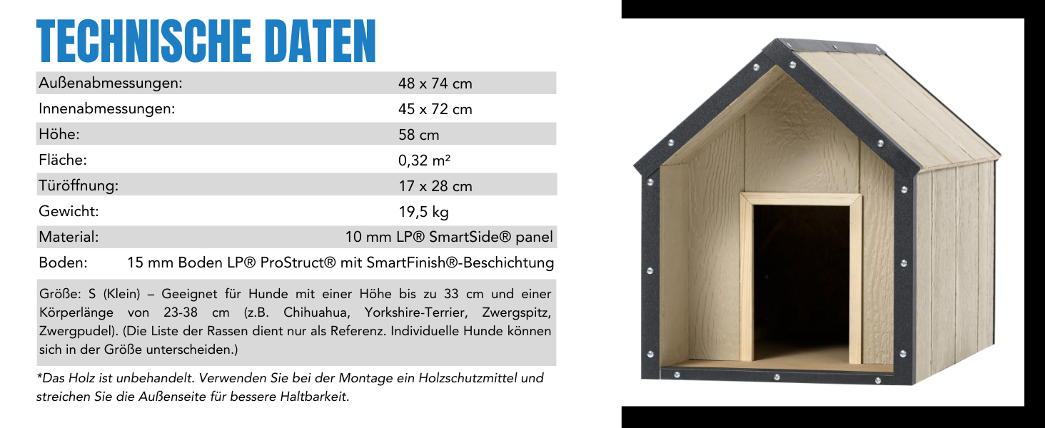 Будка для собак Outdoor, маленькі породи – собачий будиночок з дерева, водостійкий дах 76 x 99 x H80 см, розмір S, Timbela M401-1 розмір M, 76x99xH80cm, натуральне дерево (розмір S, 48x74xH58cm, LP SmartSide дерев'яні панелі)