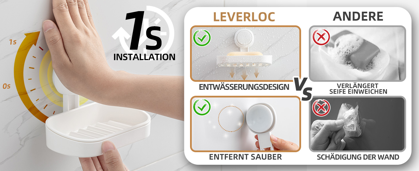 Тримач для мила LEVERLOC з піддоном, MAX 3 кг, настінний, без свердління, з присосками, для ванної кімнати та кухні, білий (2 шт.)