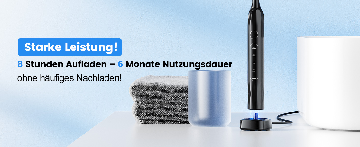 Електрична зубна щітка звукова 5 режимів, таймер 30с, відбілює зуби за 2 тижні, 8 змінних насадок, IPX7, чорний