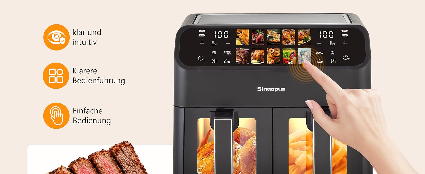 Аерофритюрниця Air Fryer 9л 2000 Вт, двокамерна фритюрниця з гарячим повітрям та термоізольованими ручками, чорна (901-schwarz)
