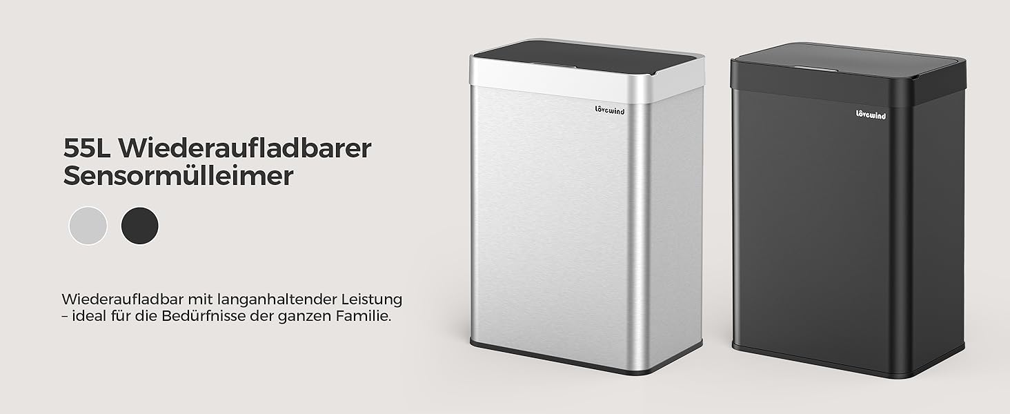 Сміттєвий бак кухонний сенсорний Lovewind 55л, нержавіюча сталь, USB-C, сріблястий