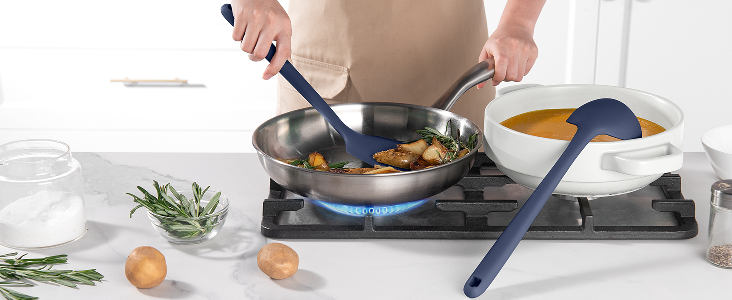 U-Taste Довгі кухонні силіконові лопатки та ложки, 5 шт, термостійкі до 315°C, BPA-free, антипригарні, для змішування, смаження, подачі, колір нічний синій
