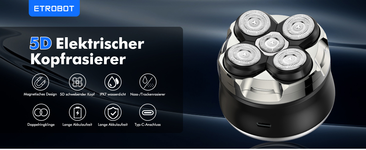 Електричний гоління голови Etrobot Glatzen Rasierer для чоловіків - вологостійкий, 5D, з LED-дисплеєм, MOJO 1 Wireless
