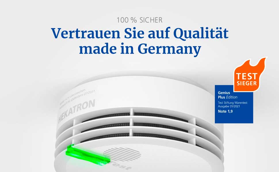 Детектор диму Hekatron Genius Plus з батареєю на 10 років, переможець тесту Stiftung Warentest, підтримка додатку, комплект 2 шт., клейкі подушки, багатомовний, вироблено в Німеччині