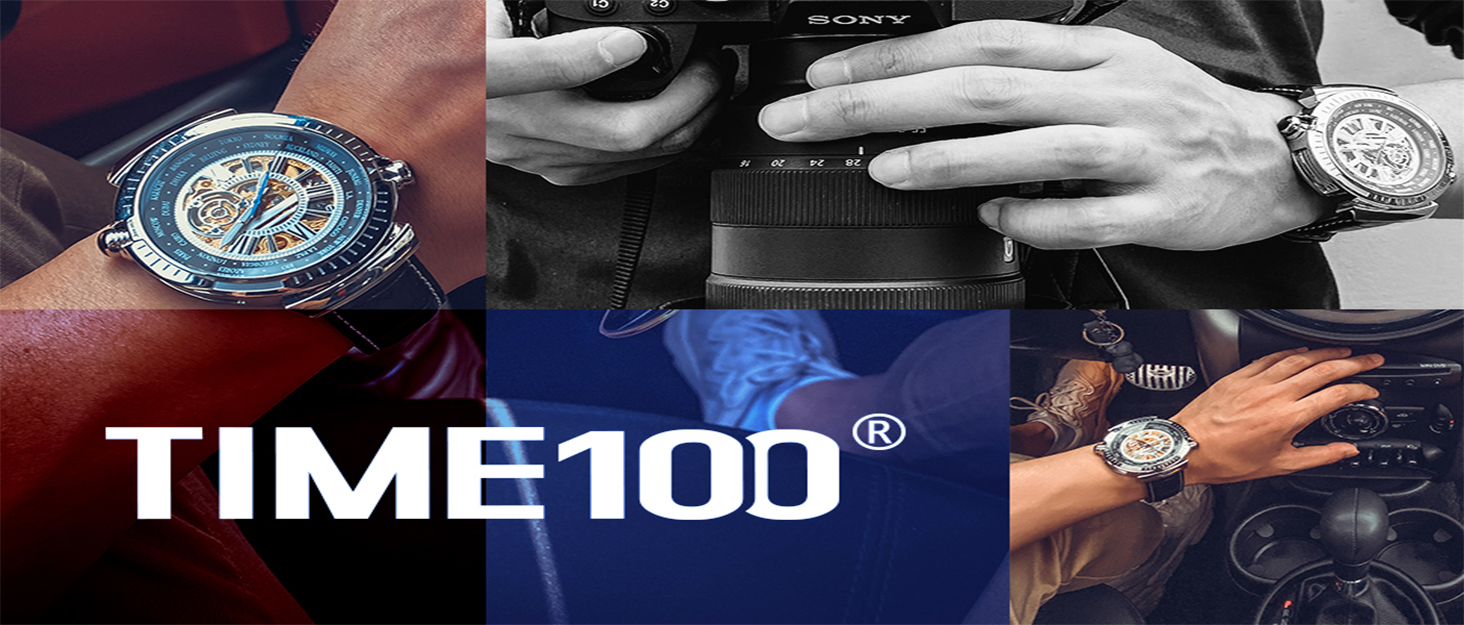 TIME100 Автоматичний годинник для чоловіків: водонепроникний, зі світлодіодами, серія Pilot, Angel Wing, бізнес-стиль, механічний годинник з шкіряним/силіконовим ремінцем, скелетний дизайн (чорний/сріблястий)