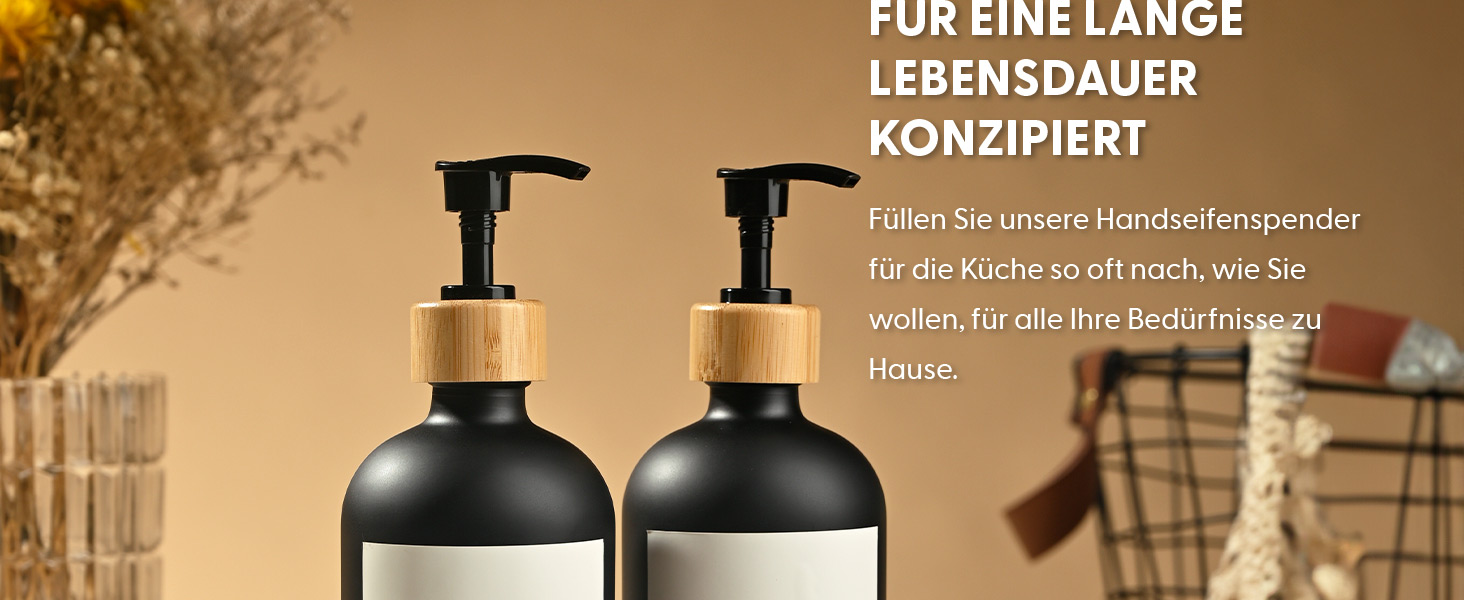 Набір дозаторів для мила та рідкого миючого засобу MaisoNovo: скляні дозатори з бамбуковою помпою, 2 шт. (500 мл)