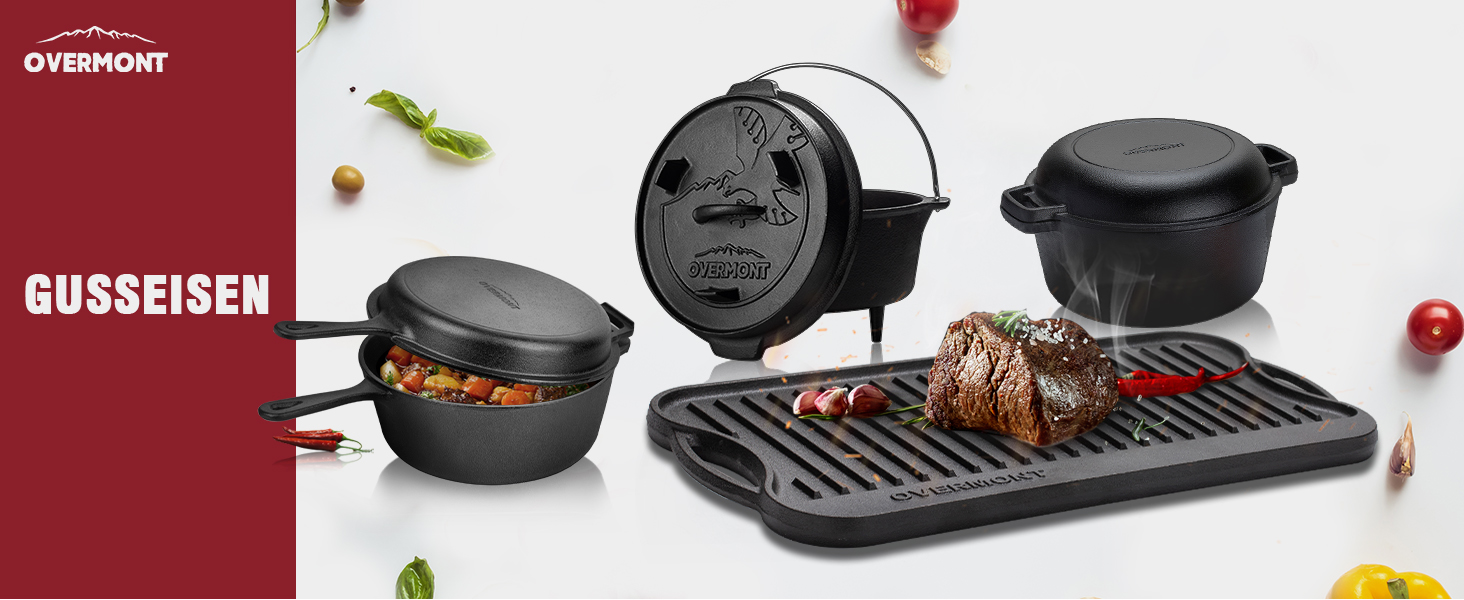 Чавунна двостороння гриль-плита OVERMONT з ручками 43,2×24,9 см для BBQ, духовки, газового та вугільного гриля