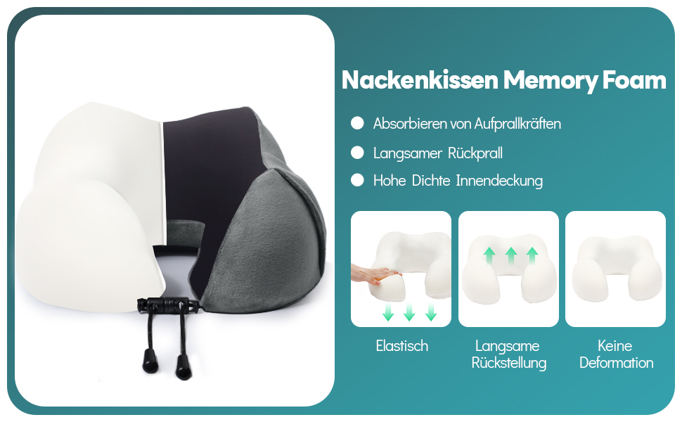 Подушка для шиї у літак - подушка для подорожей Memory Foam, ергономічна форма - подушка для шиї з маскою для сну, навушниками, сумкою - ідеально для літака, подорожей, офісу, дому (Сірий)