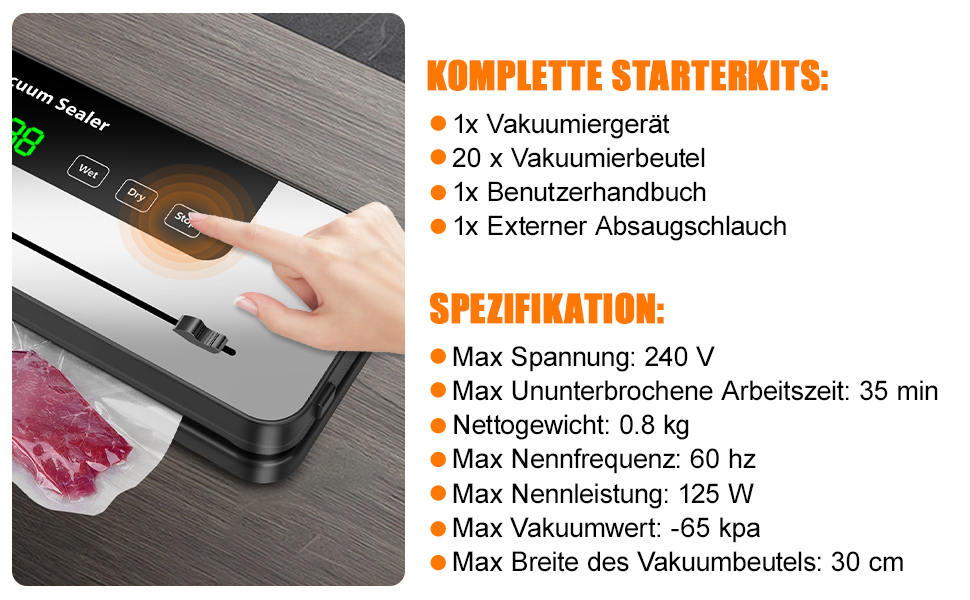 Вакуумний пакувальник KSWIOWN з 30 пакетами, 6 режимів, автоматичне закриття, ріжучий пристрій, шланг (65 KPA)