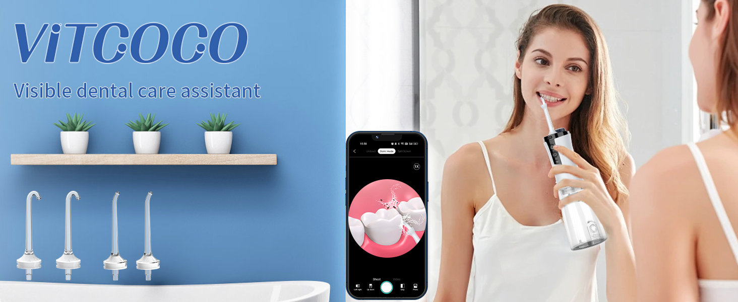 Електричний ірригатор для порожнини рота VITCOCO 1080P WiFi, 350 мл, бездротовий, з 5 насадками, IPX7, білий