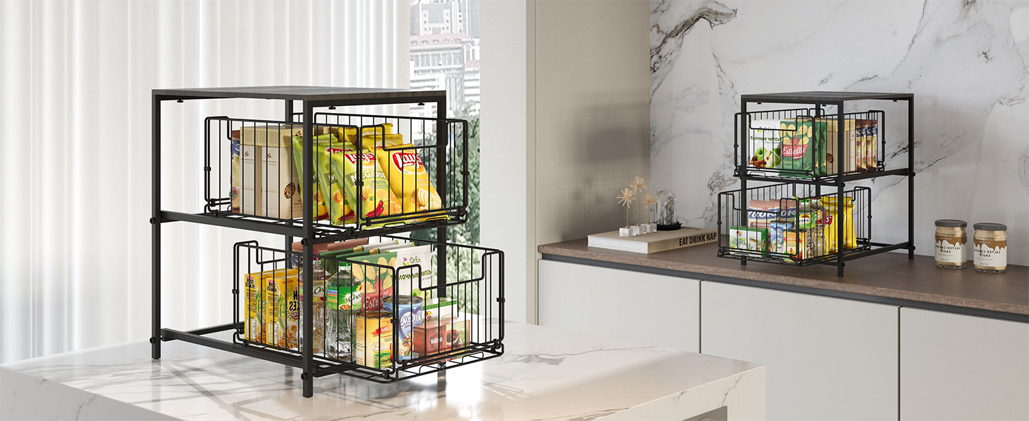 Meltrck Spice Rack and Kitchen Organizer, 2-Tier Pull-Out Kitchen Organizer, Metal and Wood Composite for Kitchen, Countertop, Pantry, and Dining Room (Black)