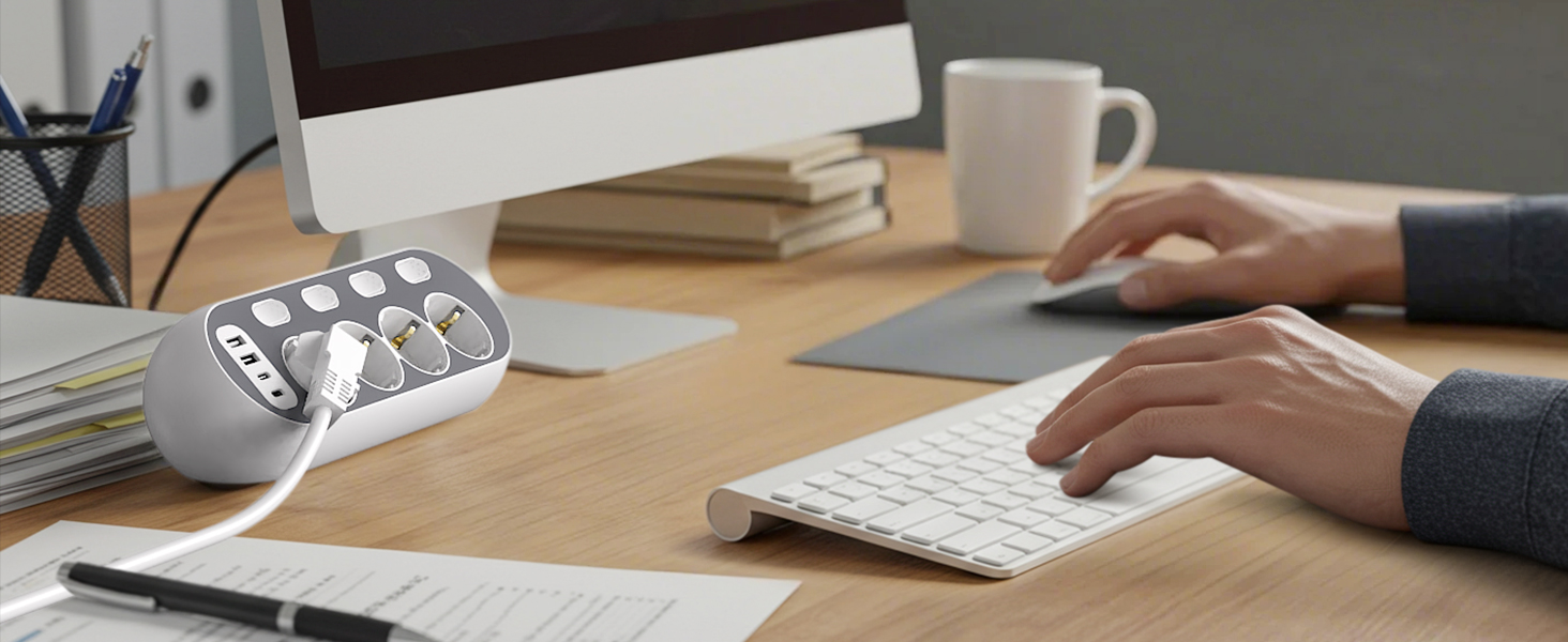 Мережевий фільтр з USB, індивідуальне вмикання розеток, 4 розетки, 2 USB-C, 8 в 1 з вимикачем, адаптер з кабелем 1,5м для кухні, дому, офісу