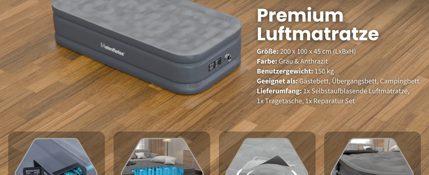 Надувний матрац Heimfleiss® для 1 особи | Преміум самонадувний матрац 100x200 см | Швидко надувний матрац для гостей та подорожей | Самостійно надувний кемпінговий матрац + насос сірого кольору