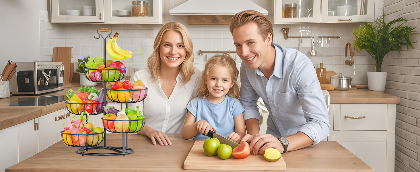 Багатоярусна підставка для фруктів PouHenier.jh – 5 ярусів, чорний колір, з тримачем для бананів. Металева підставка для фруктів та овочів, органайзер для кухні