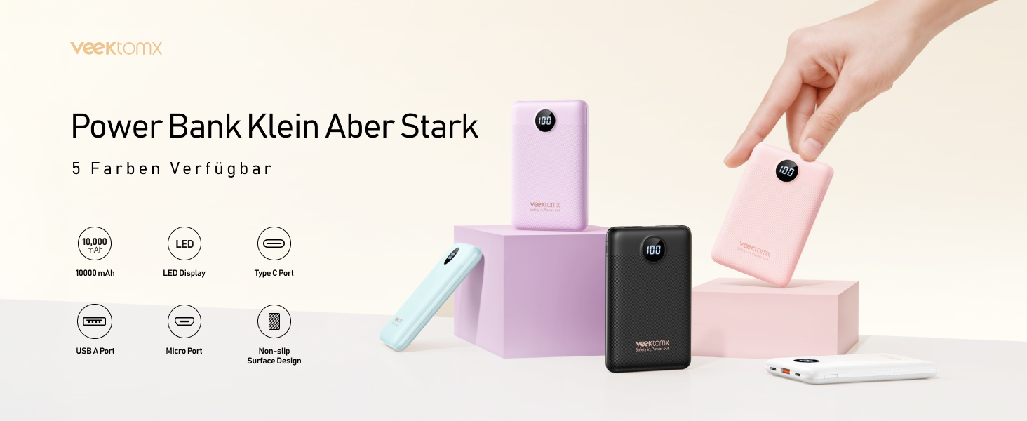 Powerbank VEEKTOMX 10000mAh з PD3.0 та QC3.0, 22,5W, Mini, USB-C, для iPhone/iPad/Samsung/Huawei/Xiaomi/OnePlus, білий/рожевий