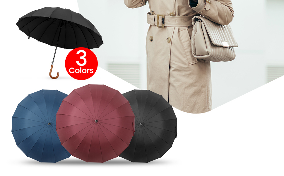 NINEMAX Large Windproof Umbrella - Wooden Handle Stick Umbrella for Men & Women - 16 Ribs Automatic Open - Double Layer Black