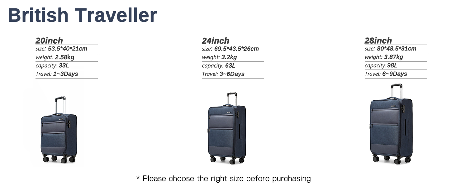 Валіза British Traveller синя 24'' (L) – м'яка, легка, текстильна, на 4 колесах, з TSA-замком, для подорожей, ручна поклажа