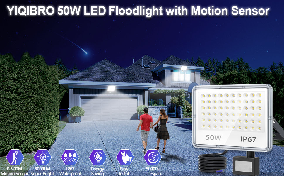 LED прожектор з датчиком руху для вулиці 50 Вт, 5000 Лм, холодне біле світло 7000K, IP67, водонепроникний, комплект 2 шт. для складу, саду, гаражу