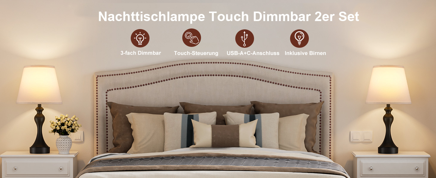 Настільна лампа Kakanuo з торшером, 2 шт., з USB-портами A+C, диммування, вінтажний дизайн, для спальні, вітальні, офісу, білий абажур, золотий цоколь