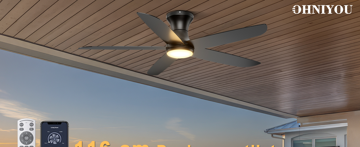 Стеляний вентилятор Ohniyou з підсвіткою та пультом дистанційного керування, 117 см, керування через додаток, регулювання яскравості, тихий DC-двигун, для спальні, тераси, кухні, чорний