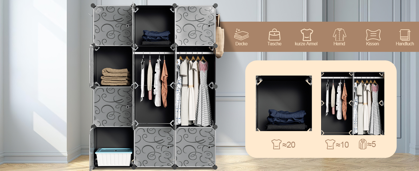 DIY Closet Shelf System, 16 Cubes Wardrobe Closet, Open Wardrobe, Plastic Wardrobe with Doors, Wardrobe Cabinet, Black, 180 x 142 x 37CM (Black 12 Cubes with Clothes Hooks)