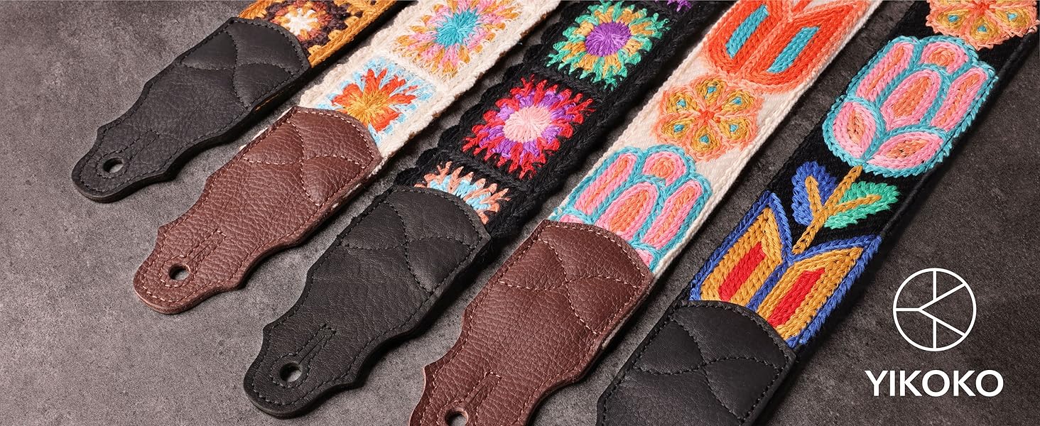 Гітарний ремінь YIKOKO з шкіри, 2 дюйми, регульований, для акустичної та бас-гітари (в'язаний з вовни, квіти)
