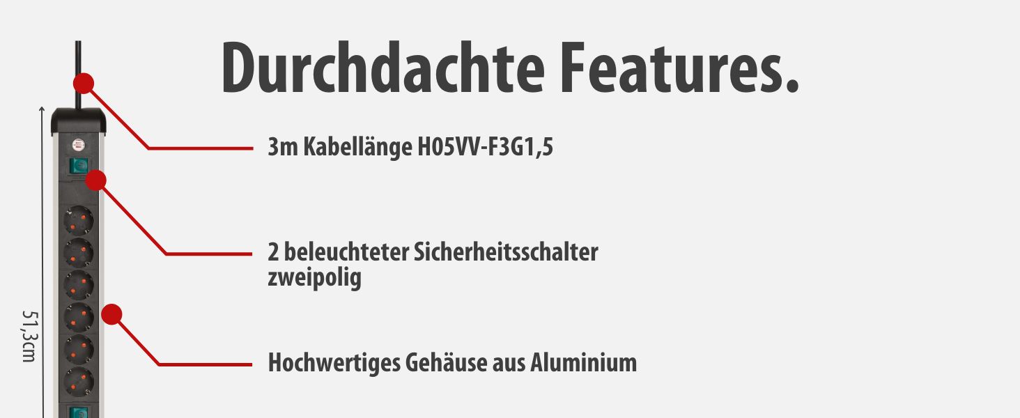 Бренненштуль Преміум-Алю-Лайт Розподільник розеток 12-фазний з алюмінію (багаторозетова панель з 2 вимикачами та 3м кабелем, Made in Germany), Нова версія Single