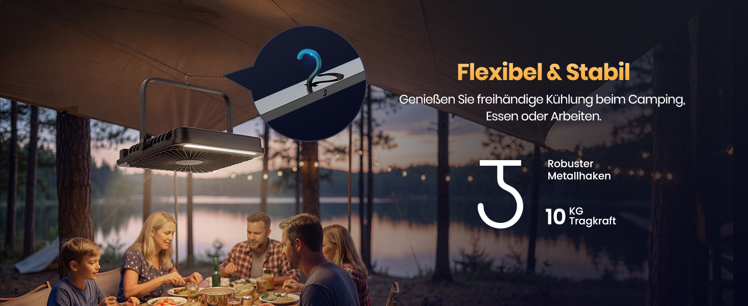 Вентилятор для кемпінгу Warmco 20000mAh з лампою та дисплеєм, 15-48 годин роботи, тихий, ультратонкий, з гачком, USB, чорний