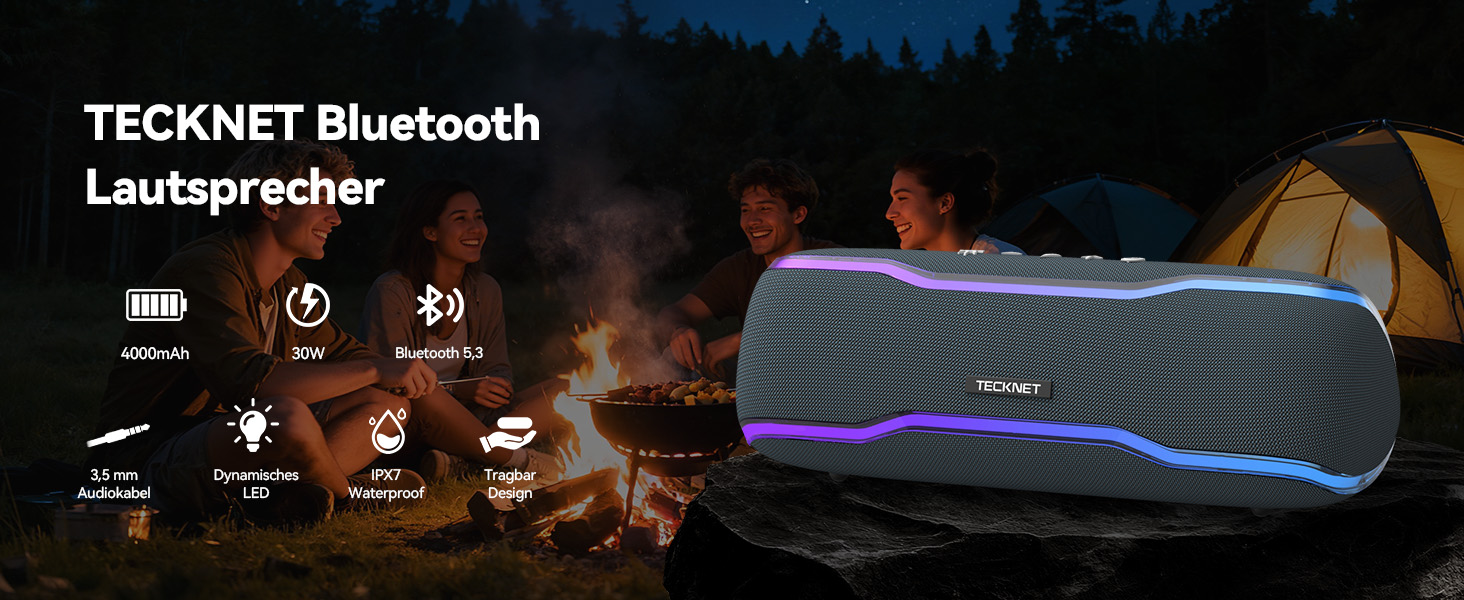 TECKNET Bluetooth колонка з підсвіткою, IPX7, 30W, чорна - портативна бездротова колонка Bluetooth 5.3 для вечірок, подорожей