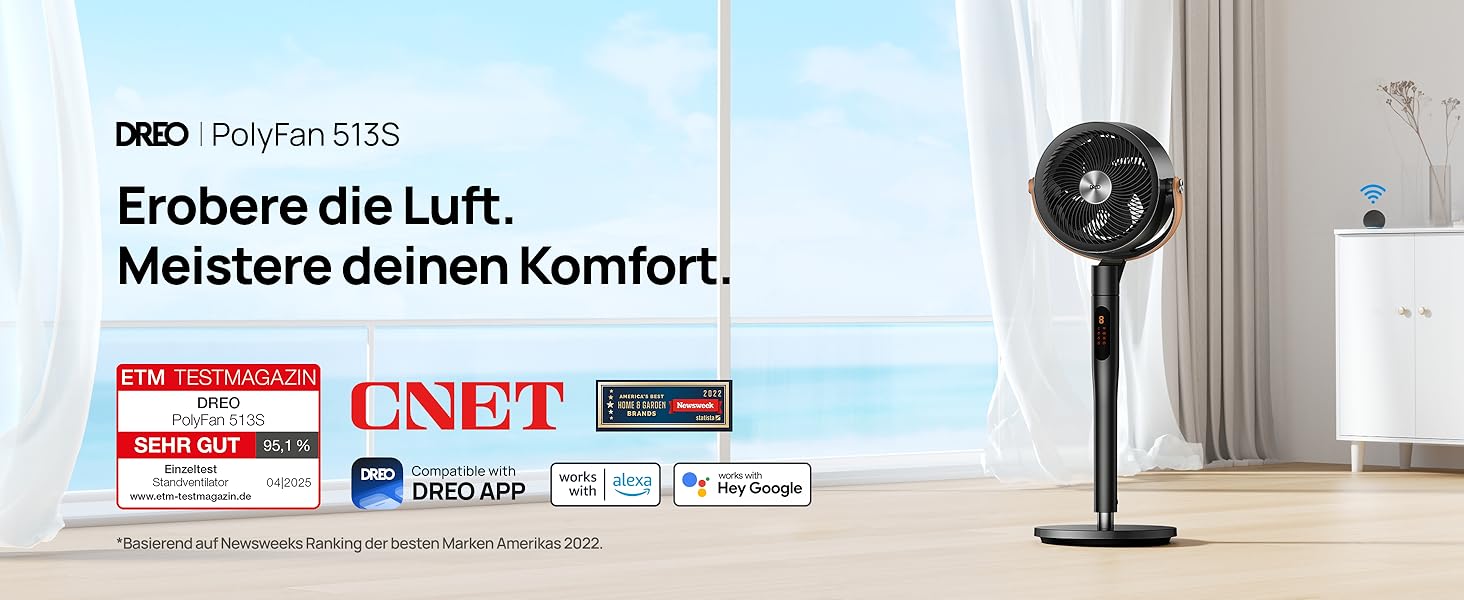Dreo PolyFan 513S: Тихий розумний вентилятор з широким охопленням та 6 режимами (білий/чорний)