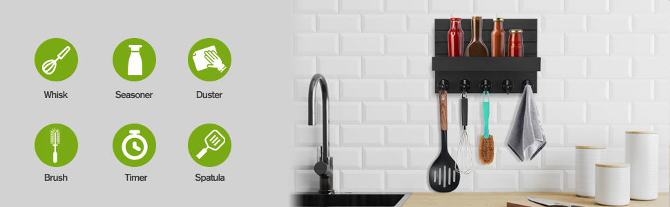 Дерев'яне ключниця на стіну з полицею, чорний колір, 5 гачків, для прихожої, спальні, вітальні