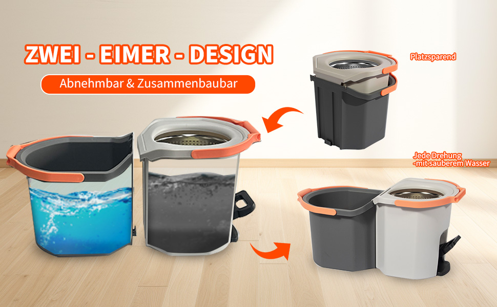 Набір для миття підлоги з відром, моп з функцією віджиму, відро з педальним механізмом та 2-камерним відсіком, повний набір з 3 мікрофібровими накладками для ламінату, паркету та плитки (світло-сірий)