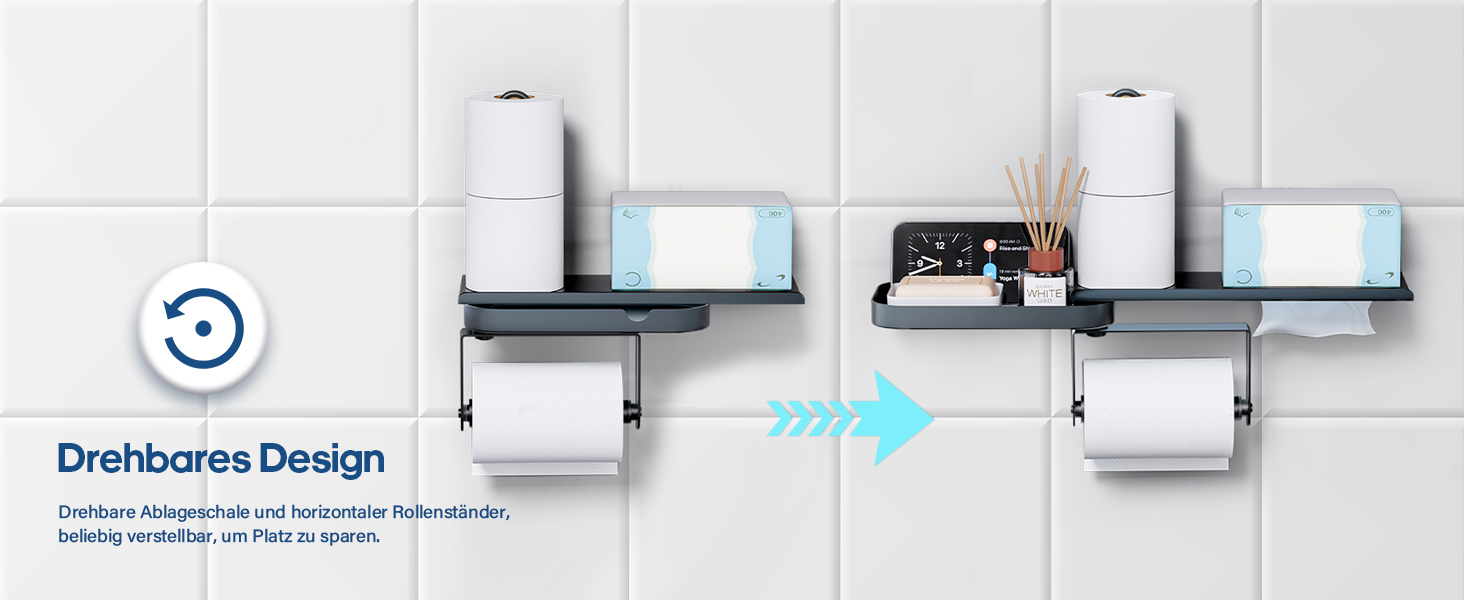 Настінний тримач для туалетного паперу з полицею, багатофункціональний, обертовий, з нержавіючої сталі, чорний мат. Підходить для ванної кімнати, кухні та пральні.