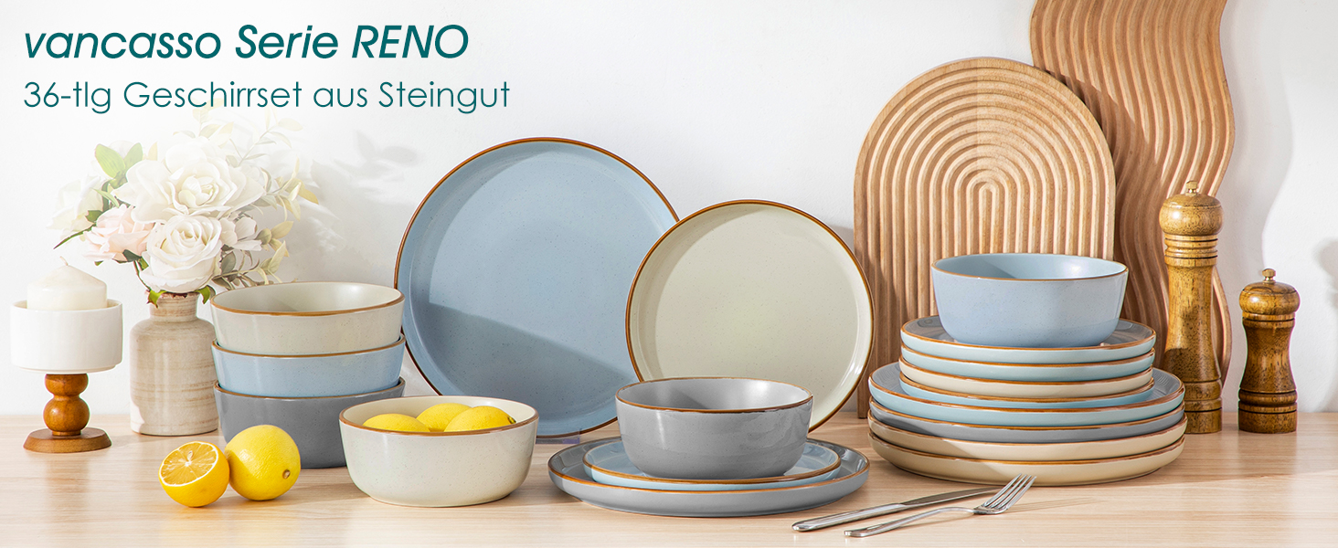 Набір посуду vancasso RENO 36 предметів: тарілки, супові тарілки, десертні тарілки, миски. Набір посуду з кераміки для 6 осіб, сучасний дизайн, безпечний для миття в посудомийній машині та розігріву в мікрохвильовій печі.