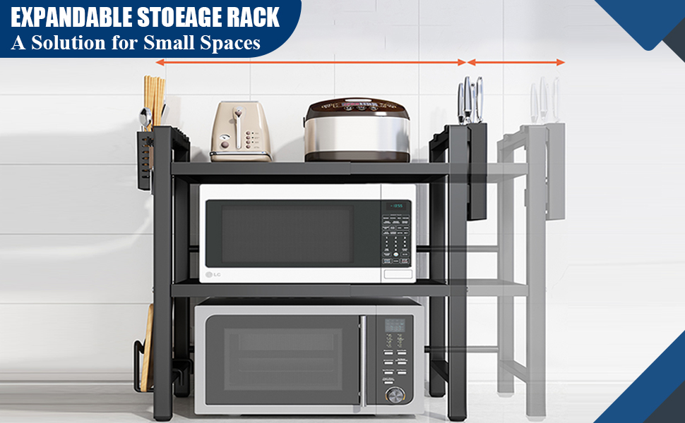 Регульована полиця для мікрохвильової печі, 3-рівнева розширювана стійка, органайзер для кухні з 6 гачками, з вуглецевої сталі, чорний