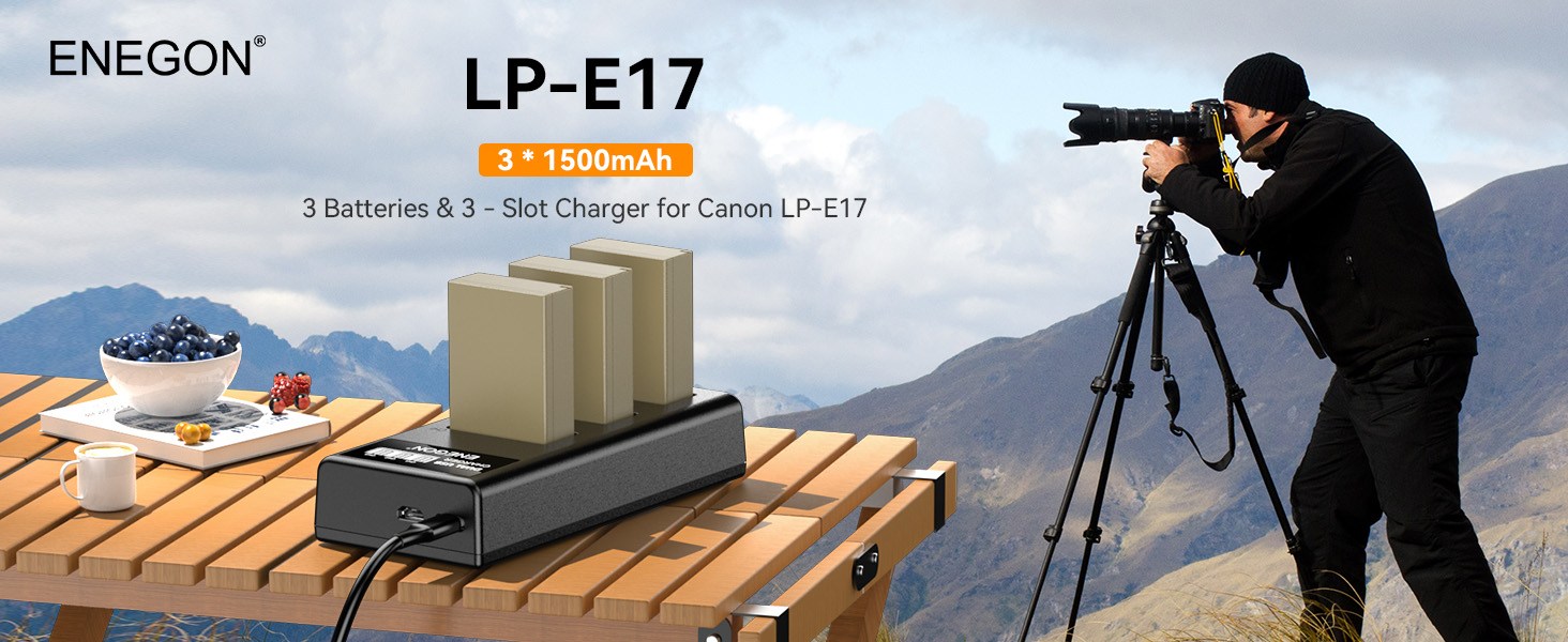 Акумулятори ENEGON LP-E17 1500mAh (3 шт.) + Зарядний пристрій LCD з 3-секційним відсіком, сумісний з Canon EOS R10, R8, RP, R50, R100, 200D, 250D, 77D, 750D, 760D, 800D, 8000D, M3, M5, M6, Rebel SL2, T6i, T6s, T7i