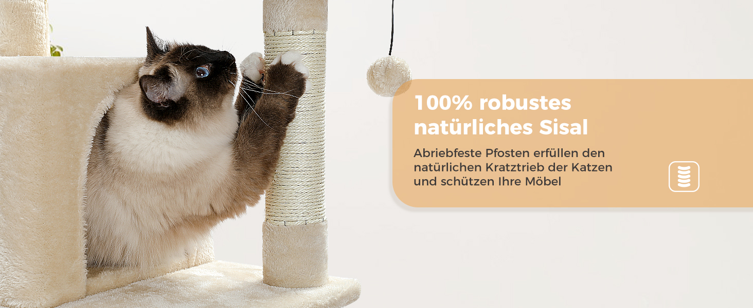 PAWZ Road Дряпка для котів велика, стабільна, 184 см, 7 стовпів сизалю, велика полиця, будиночок, кошики, для дому, бежевий