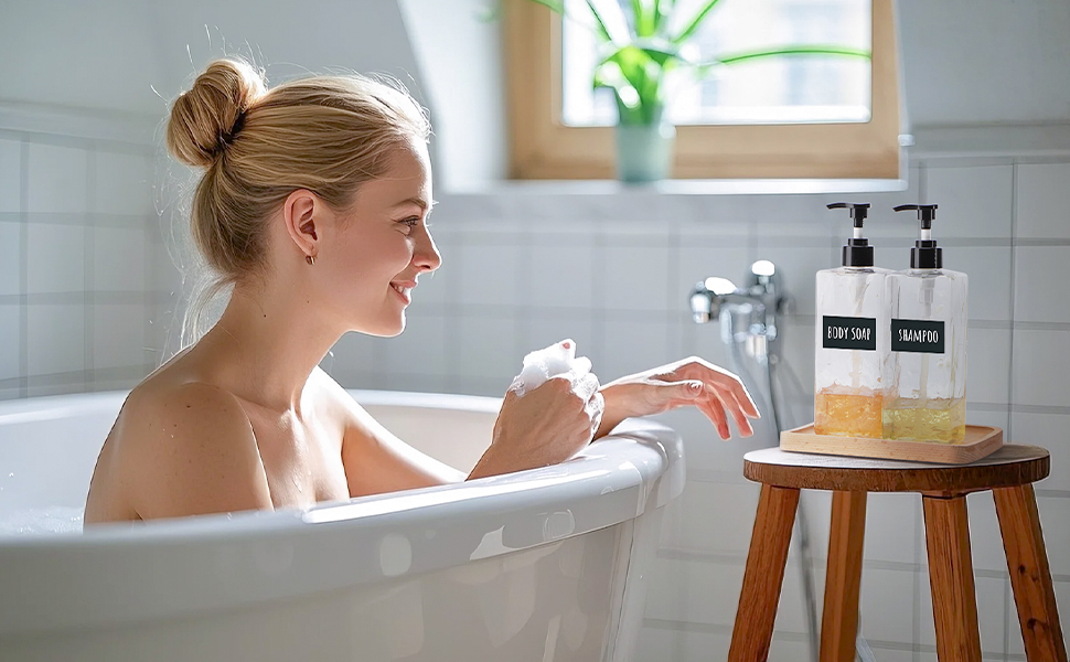 Диспенсер для шампуню Segbeauty 500 мл, 4 шт. - Прозорий пластиковий дозатор для гелю для душу, мила, з етикетками