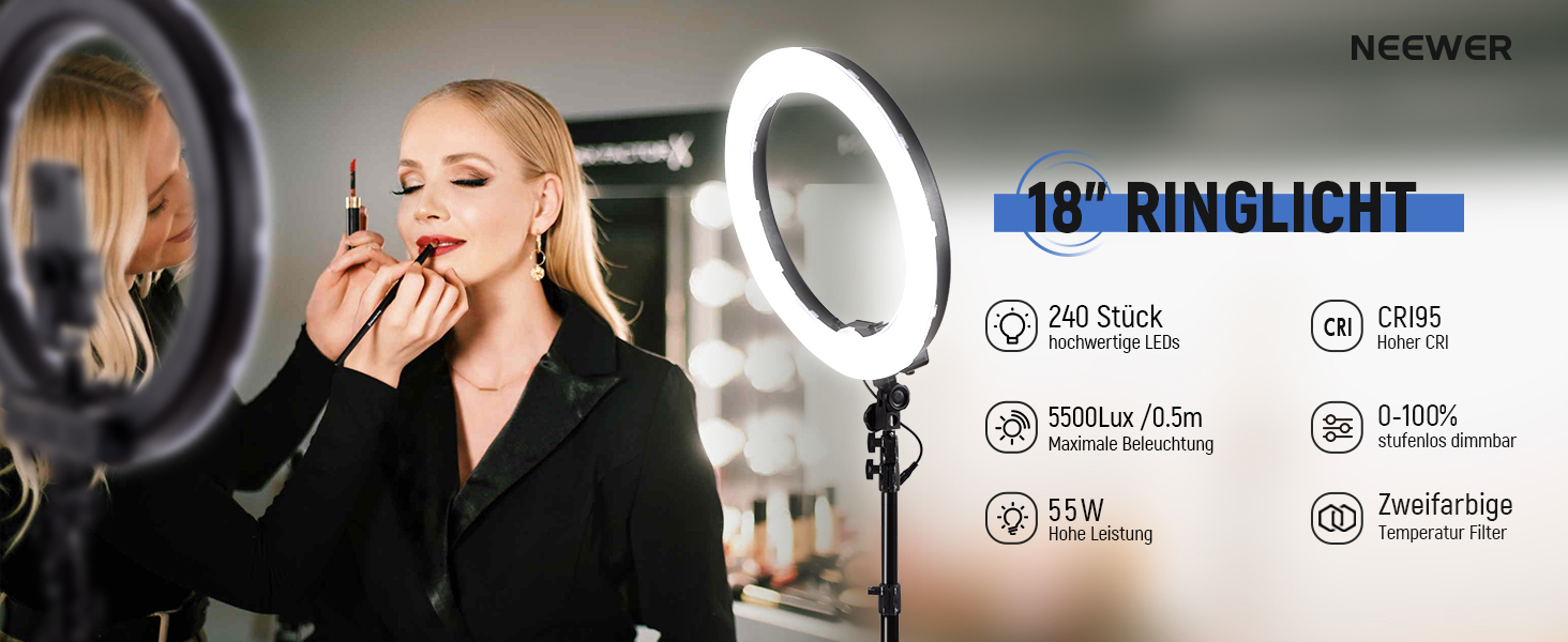 NEEWER Кольцеве світло 50 см (20 дюймів) LED з триподом та тримачем для телефону, 44 Вт, 3200K-5600K, з акумулятором, USB, для макіяжу, тату, вій, YouTube, TikTok, відеозйомки (RL-18)