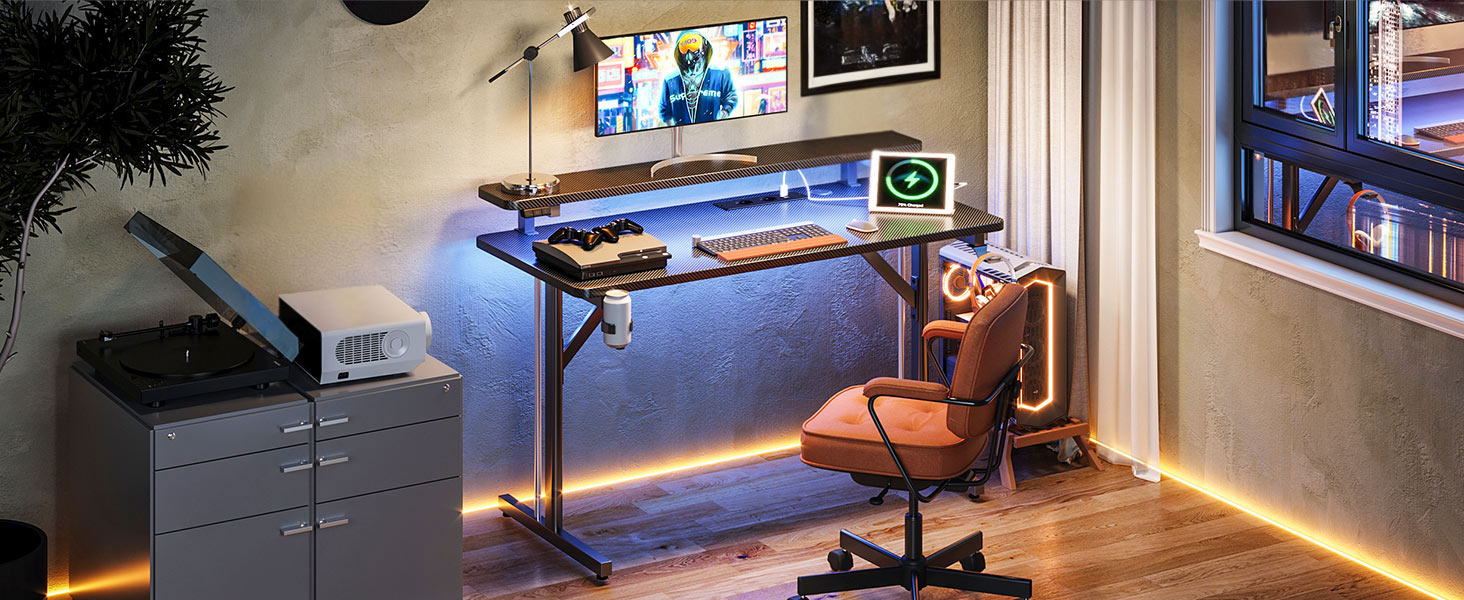 Small LED Gaming Desk with Power Outlets - 80cm Carbon Fiber PC Gamer Table