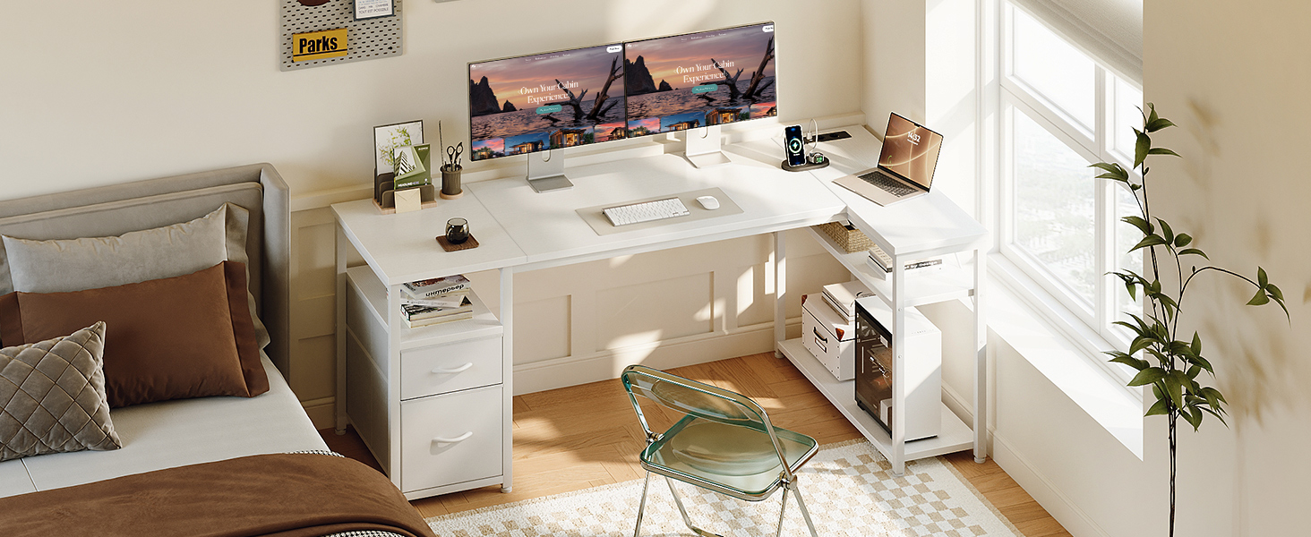 Ігровий кутовий стіл Coleshome з 2 шухлядами, 160×80 см, білий